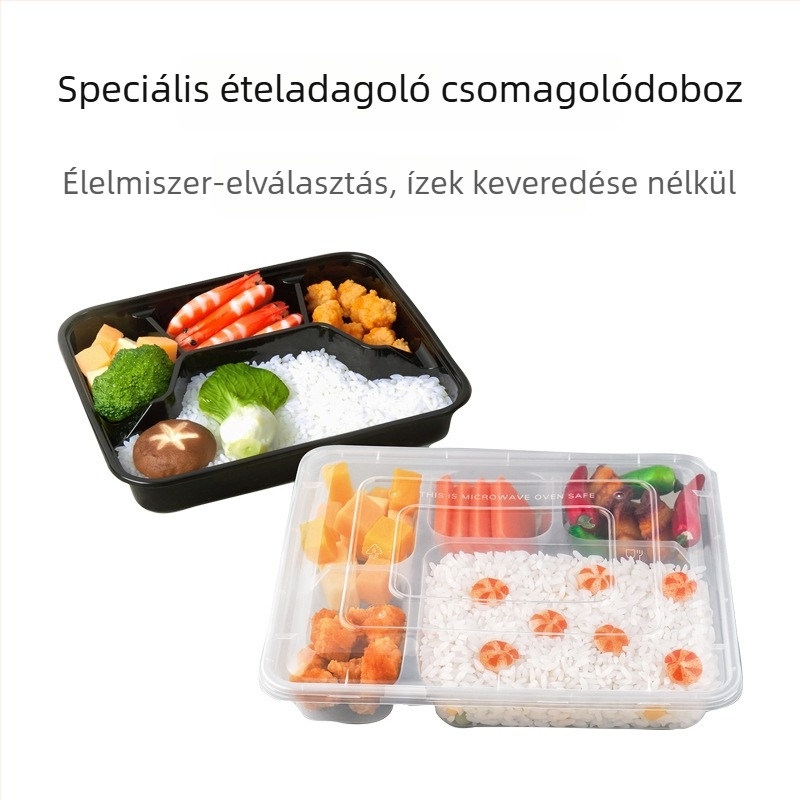 Négy- vagy öt rekeszes egyszer használatos ebédes dobozok, fedéllel, műanyag