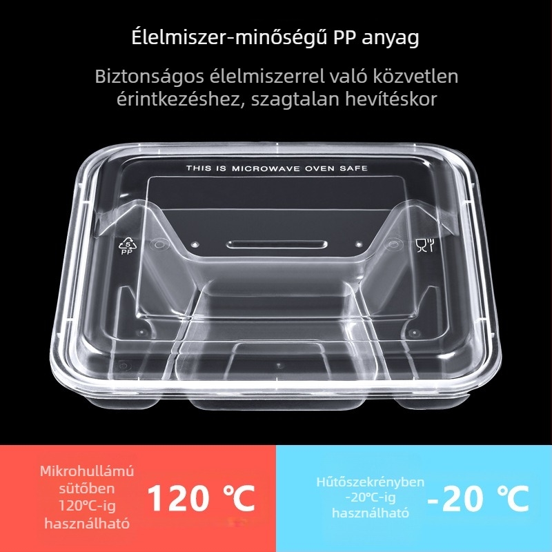 Négy- vagy öt rekeszes egyszer használatos ebédes dobozok, fedéllel, műanyag