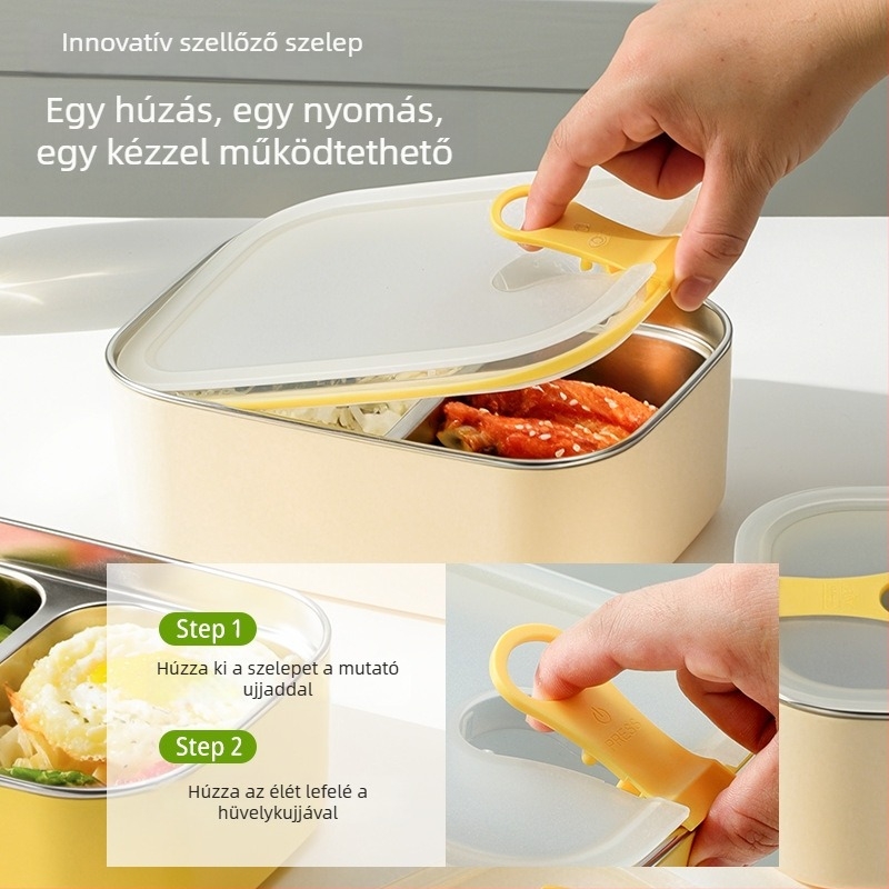 Szigetelt 304 rozsdamentes acél ebédes doboz dupla rekeszes, fedél légáramló szeleppel, mikrohullámú sütőben használható