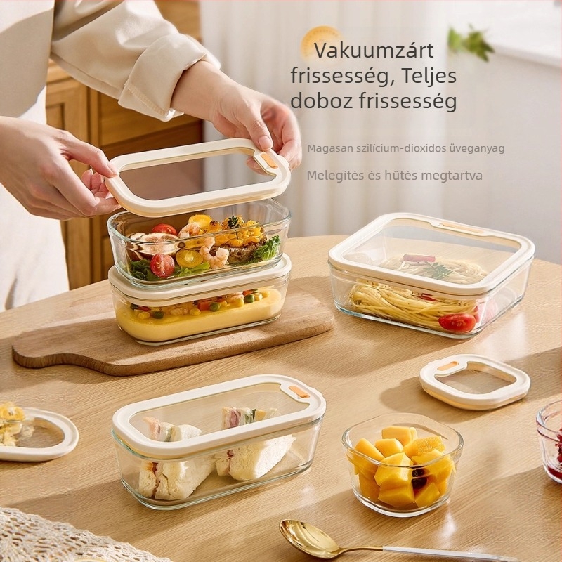 Mikrohullámú sütőbe tehető üveg ebédes doboz, négyzetes forma, 501–800 ml, dupla rekeszes kialakítás