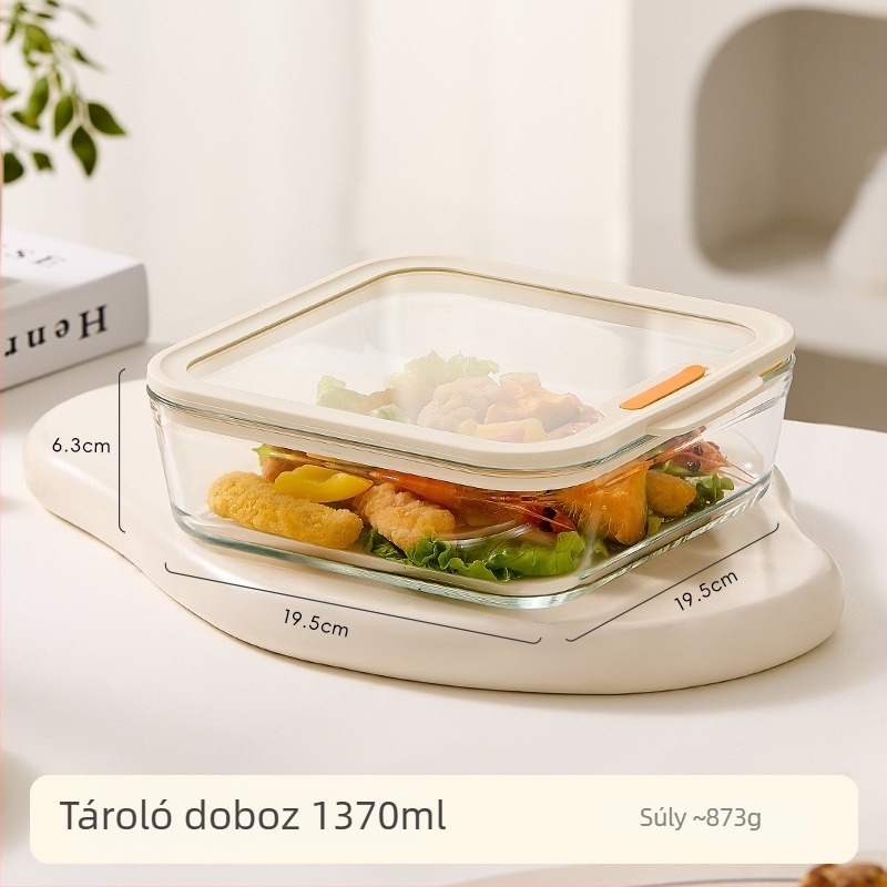 Mikrohullámú sütőbe tehető üveg ebédes doboz, négyzetes forma, 501–800 ml, dupla rekeszes kialakítás