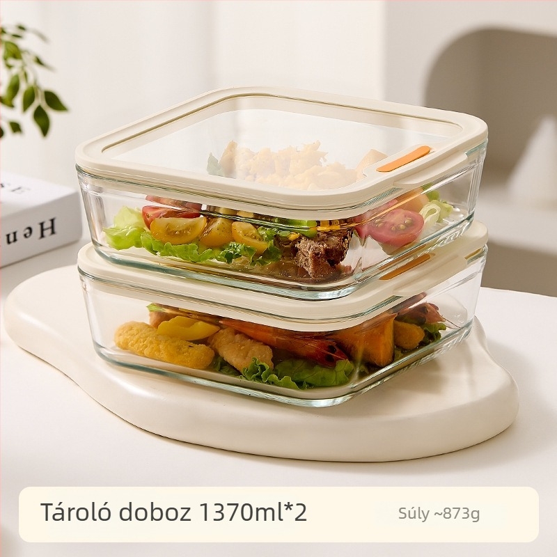 Mikrohullámú sütőbe tehető üveg ebédes doboz, négyzetes forma, 501–800 ml, dupla rekeszes kialakítás