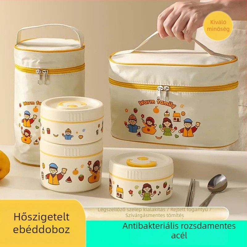 Inox acélból készült hőszigetelt ebédes doboz, mikrohullámú sütőben melegíthető, diákok és irodai dolgozók számára