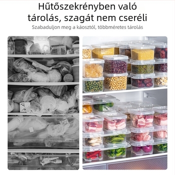 Négyzet alakú, élelmiszer-minőségű PP anyagból készült frissességmegőrző doboz, mikrohullámú sütőben használható, melegen tart, konyha és iskola számára