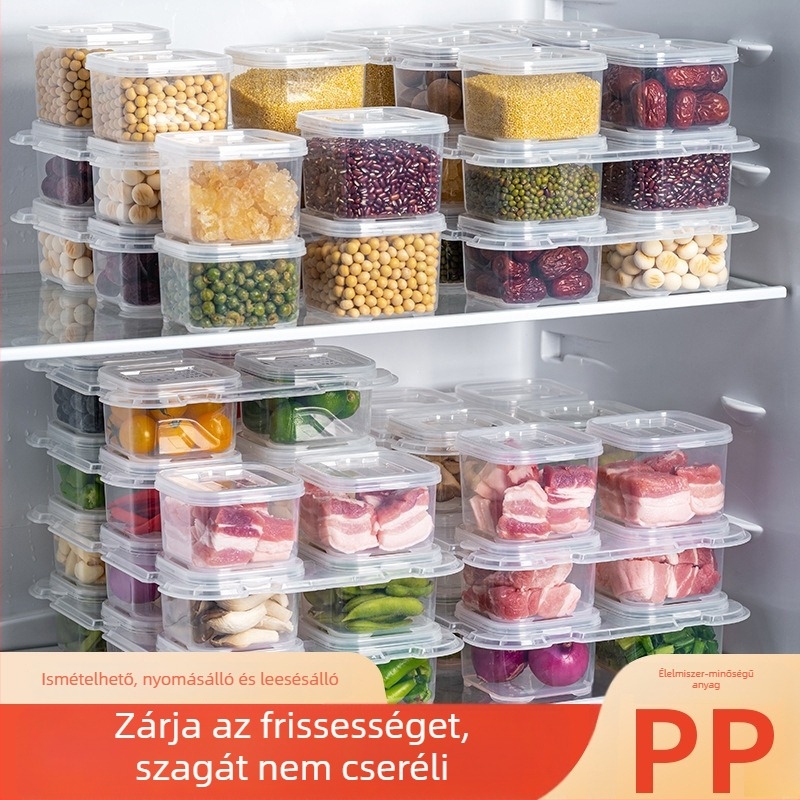 Négyzet alakú, élelmiszer-minőségű PP anyagból készült frissességmegőrző doboz, mikrohullámú sütőben használható, melegen tart, konyha és iskola számára