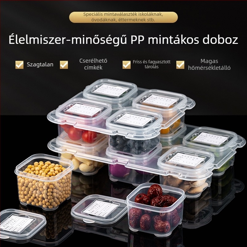 Négyzet alakú, élelmiszer-minőségű PP anyagból készült frissességmegőrző doboz, mikrohullámú sütőben használható, melegen tart, konyha és iskola számára