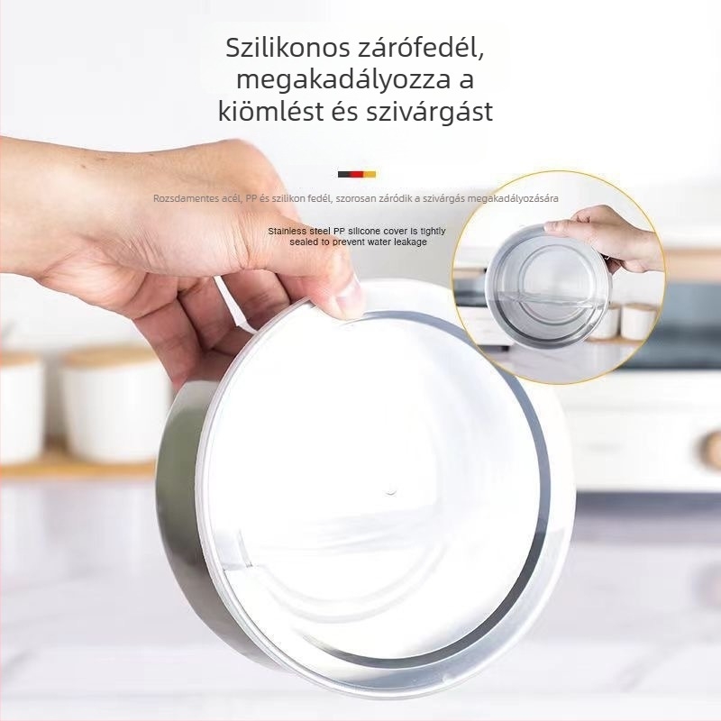 Rozsdamentes acélból készült zárt tárolóedény fedéllel – kerek, öt részes készlet, egyszínű minta, kapacitás 0,5–2 L