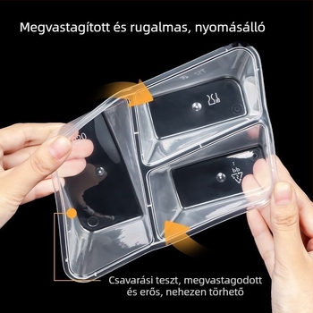 Egyszer használatos három rekeszes ételcsomagoló doboz, PP anyag, mikrohullámú sütőben használható, logónyomással testre szabható