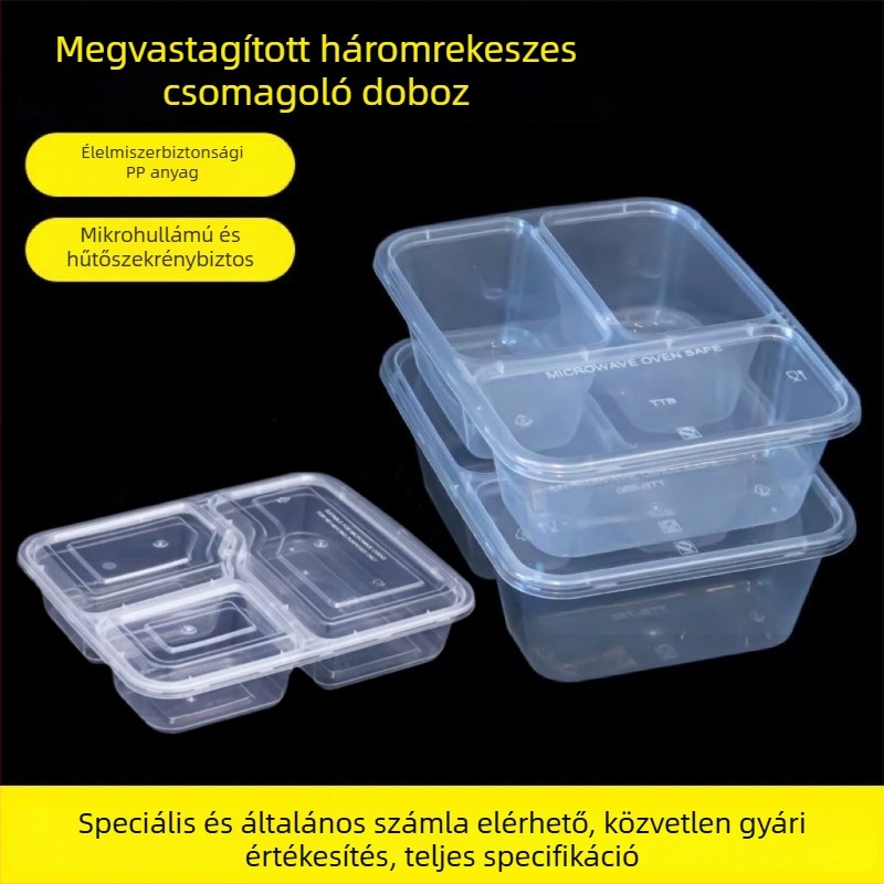 Egyszer használatos három rekeszes ételcsomagoló doboz, PP anyag, mikrohullámú sütőben használható, logónyomással testre szabható
