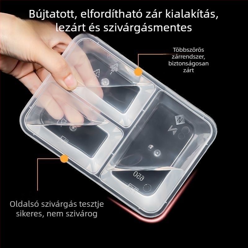 Egyszer használatos három rekeszes ételcsomagoló doboz, PP anyag, mikrohullámú sütőben használható, logónyomással testre szabható