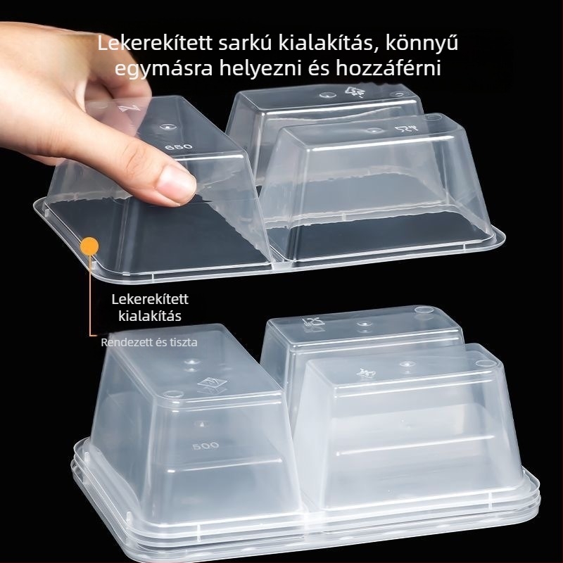Egyszer használatos három rekeszes ételcsomagoló doboz, PP anyag, mikrohullámú sütőben használható, logónyomással testre szabható