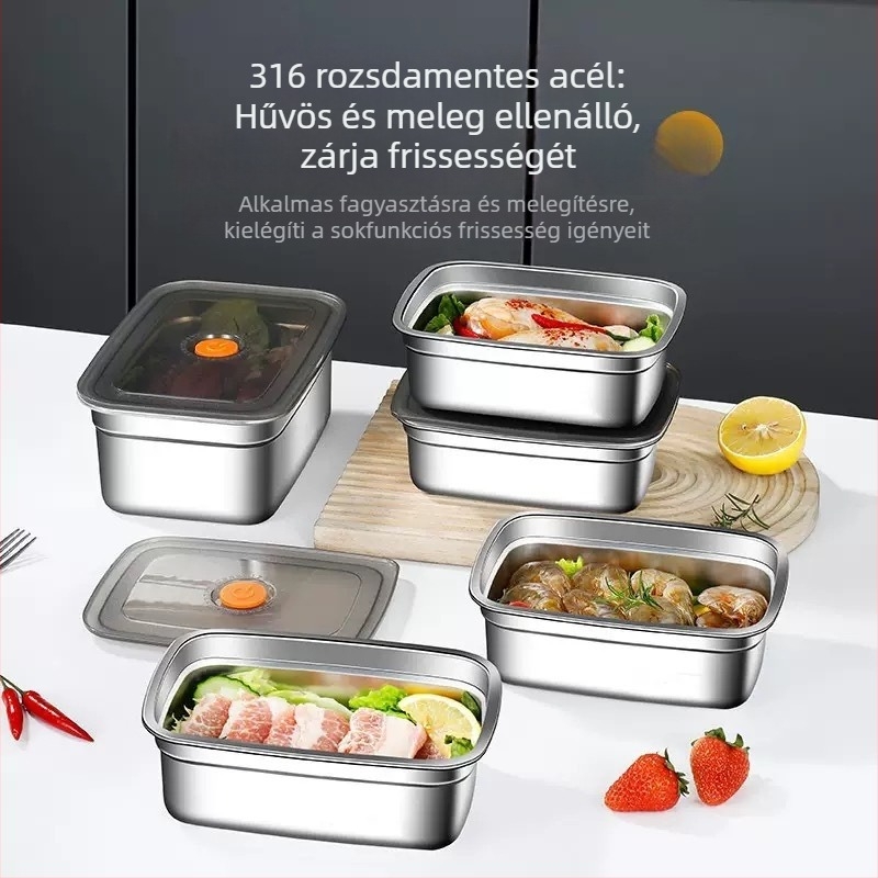 Rozsdamentes acélból készült tároló doboz, téglalap alakú, fedél, mikrosütőben használható, melegen tart, kapacitás 1–2 L vagy 2.1–3 L