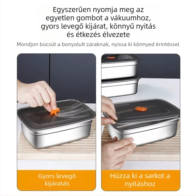 Rozsdamentes acélból készült tároló doboz, téglalap alakú, fedél, mikrosütőben használható, melegen tart, kapacitás 1–2 L vagy 2.1–3 L