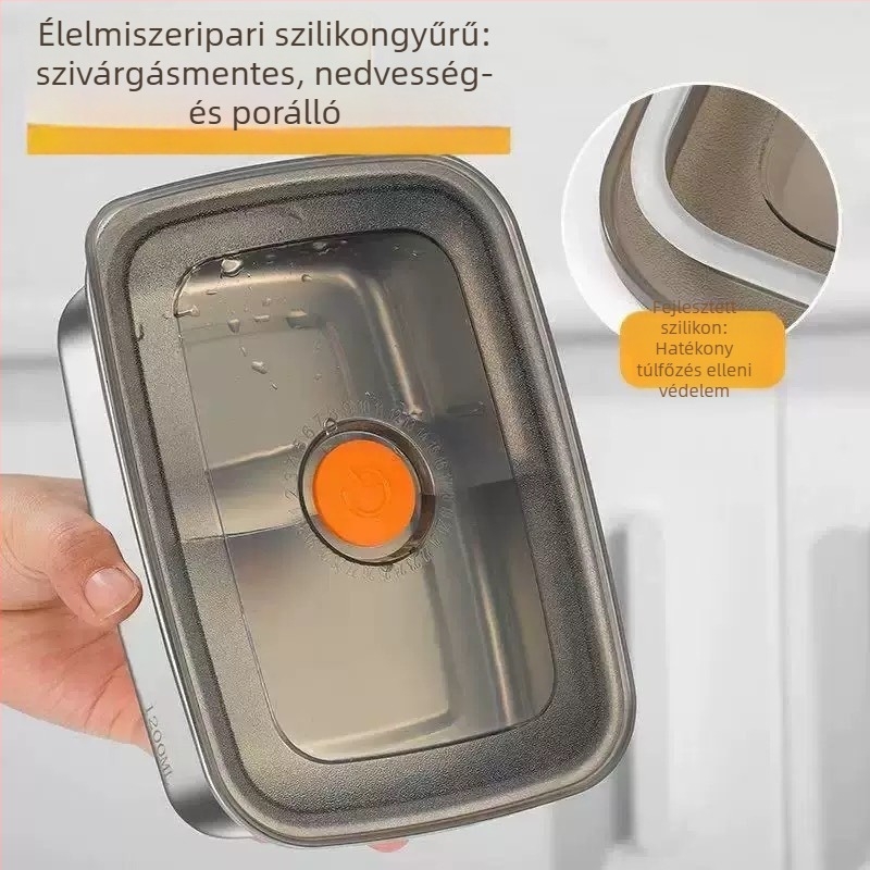 Rozsdamentes acélból készült tároló doboz, téglalap alakú, fedél, mikrosütőben használható, melegen tart, kapacitás 1–2 L vagy 2.1–3 L
