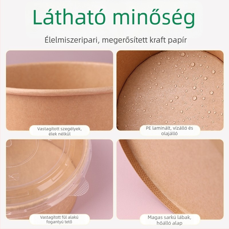 Eldobható Kraft papírból készült ebédes doboz, kör alakú tál, vastított fedél, hőálló, élelmiszer-minőségű
