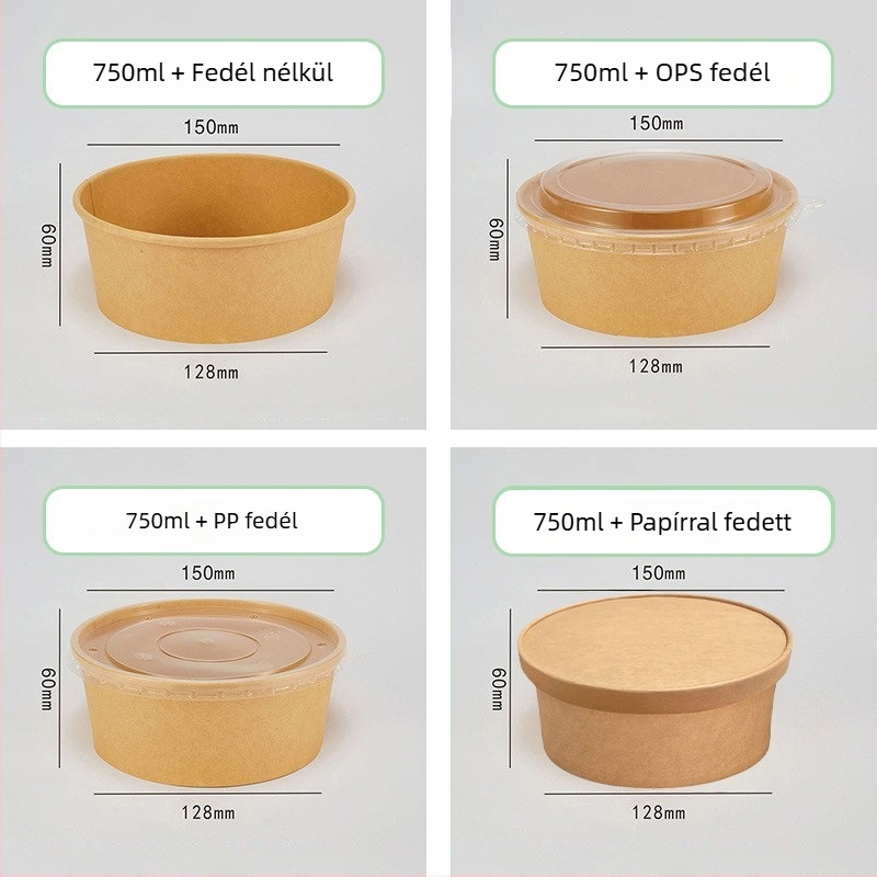 Eldobható Kraft papírból készült ebédes doboz, kör alakú tál, vastított fedél, hőálló, élelmiszer-minőségű