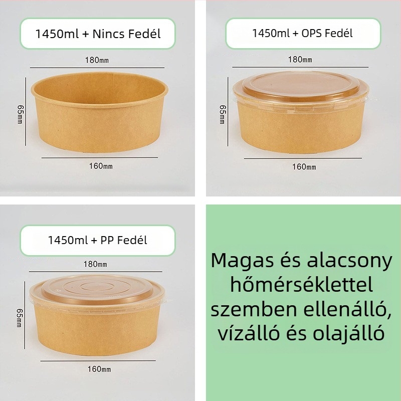 Eldobható Kraft papírból készült ebédes doboz, kör alakú tál, vastított fedél, hőálló, élelmiszer-minőségű