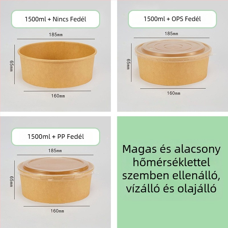 Eldobható Kraft papírból készült ebédes doboz, kör alakú tál, vastított fedél, hőálló, élelmiszer-minőségű