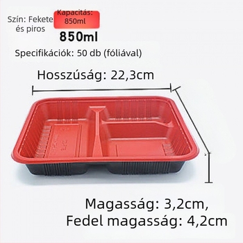 Egyszer használatos ebédes doboz rekeszes műanyagból, téglalap alakú, fedővel, elvihető ételekhez