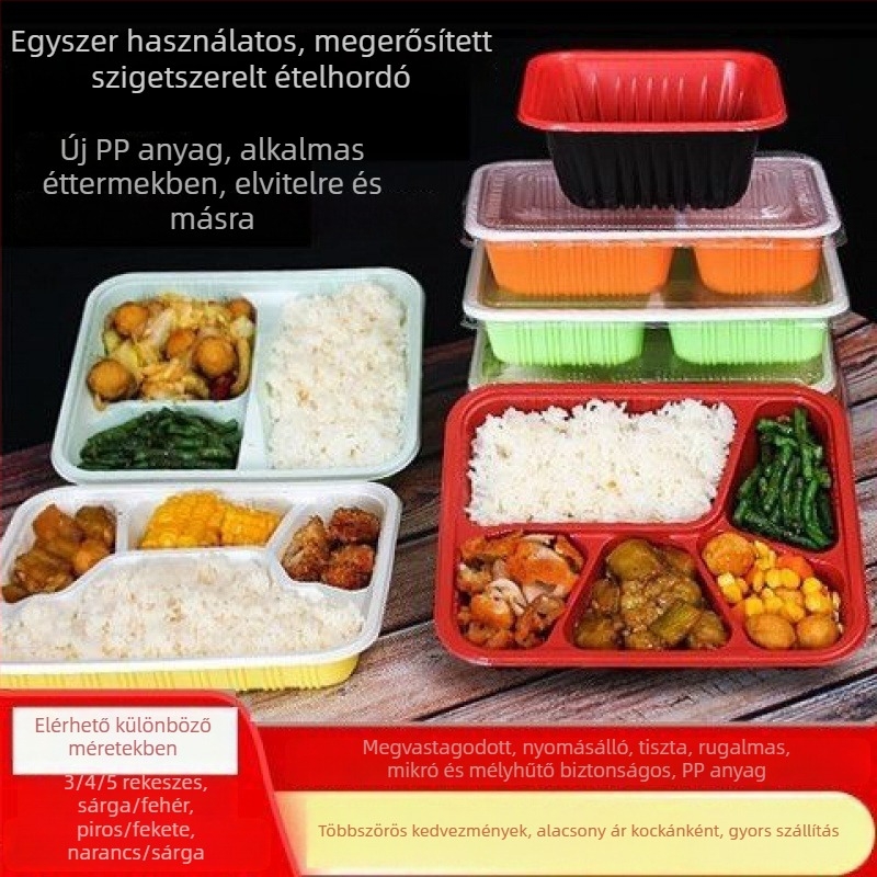 Egyszer használatos ebédes doboz rekeszes műanyagból, téglalap alakú, fedővel, elvihető ételekhez