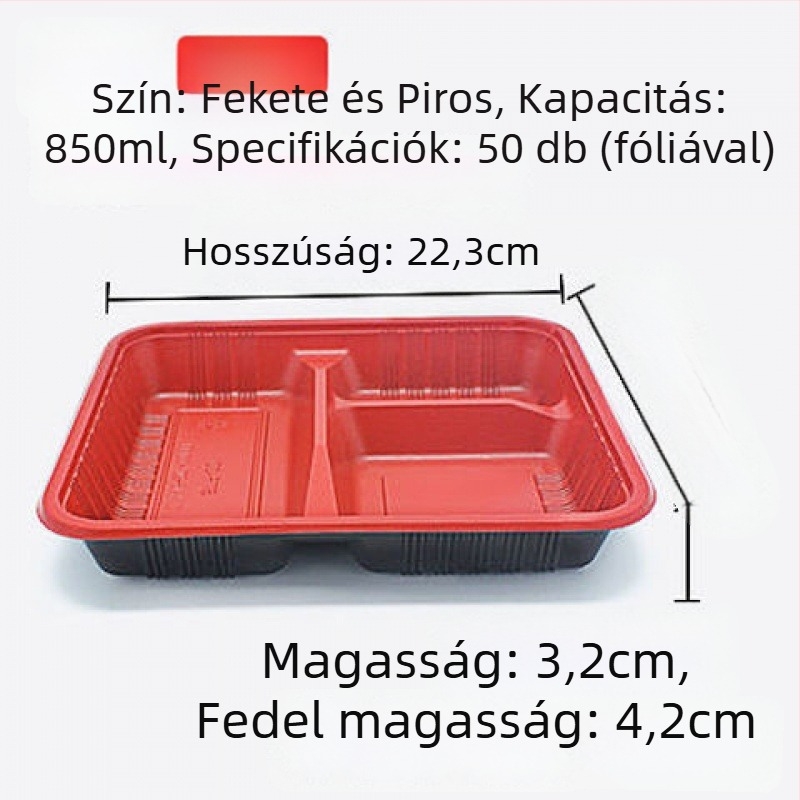 Egyszer használatos ebédes doboz rekeszes műanyagból, téglalap alakú, fedővel, elvihető ételekhez