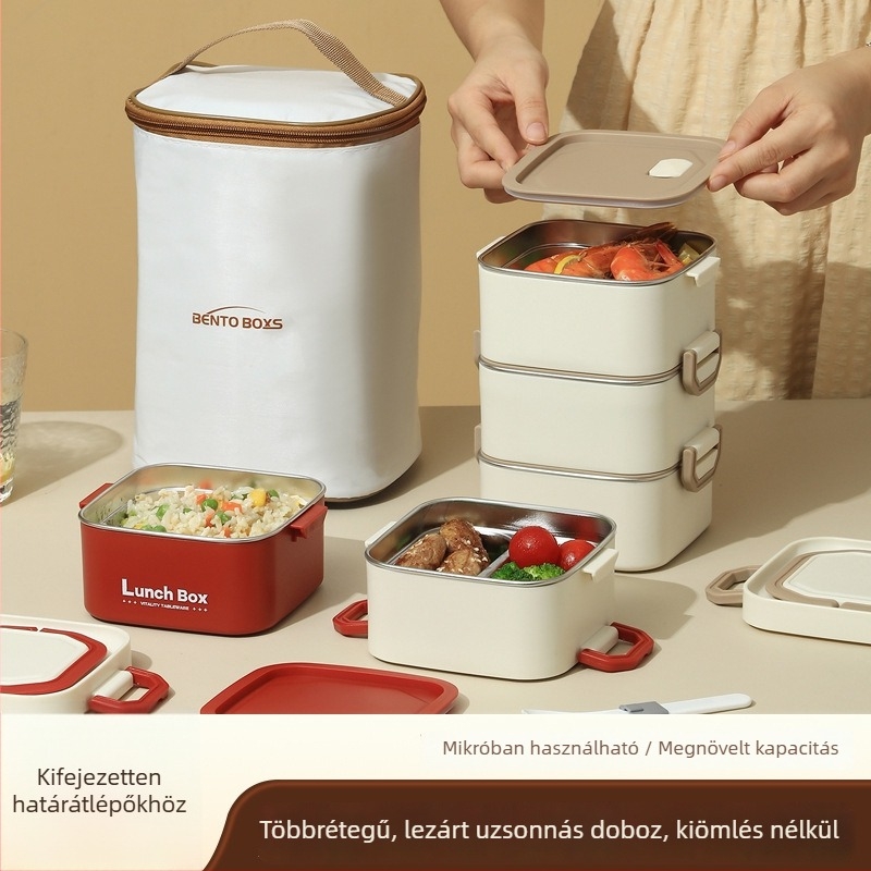 304 rozsdamentes acélból készült, négyszögletes, hordozható, többszintes dizájnú ebédes doboz (két réteg)
