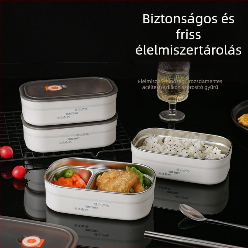Rozsdamentes acél ebédes doboz, mikrózható, négyzetes kialakítású, kapacitás 800–1000 ml, egyrétegű vagy kétszintes