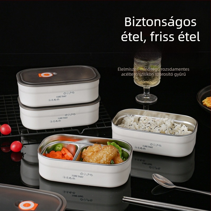 Rozsdamentes acél ebédes doboz, mikrózható, négyzetes kialakítású, kapacitás 800–1000 ml, egyrétegű vagy kétszintes