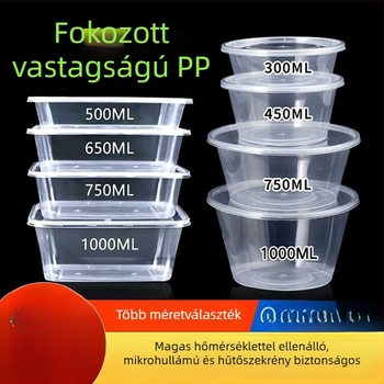Egyszer használatos, vastagított műanyag ebédes doboz fedővel, téglalap alakú tartály és kör alakú tál elvitelre