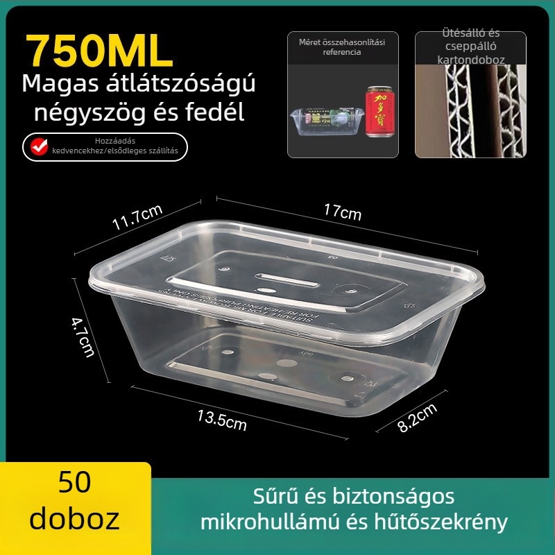 Egyszer használatos, vastagított műanyag ebédes doboz fedővel, téglalap alakú tartály és kör alakú tál elvitelre