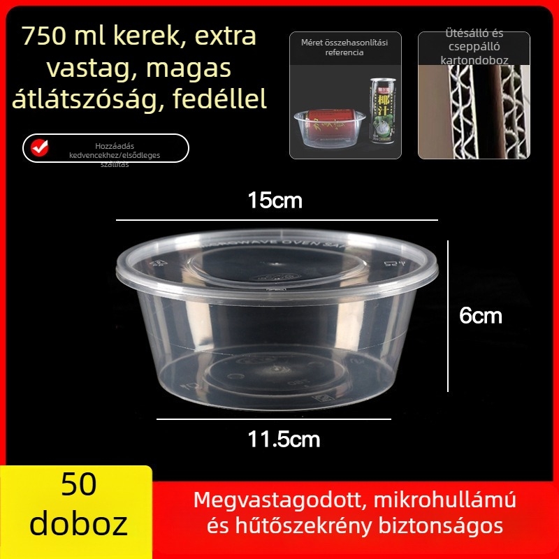 Egyszer használatos, vastagított műanyag ebédes doboz fedővel, téglalap alakú tartály és kör alakú tál elvitelre