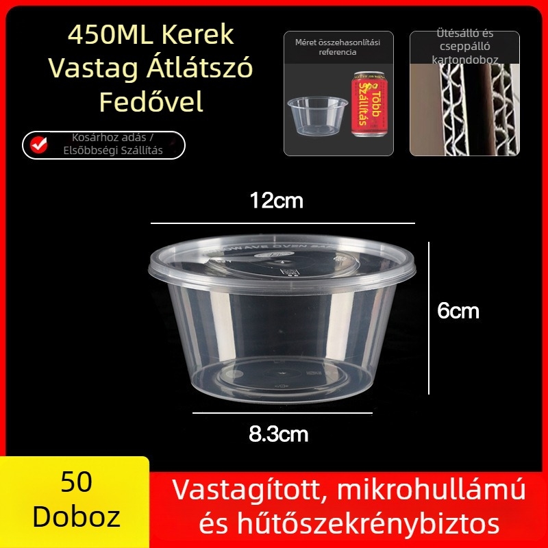 Egyszer használatos, vastagított műanyag ebédes doboz fedővel, téglalap alakú tartály és kör alakú tál elvitelre