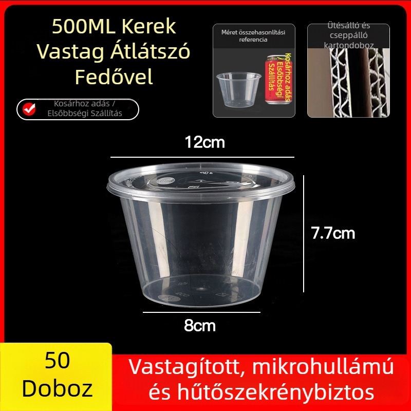 Egyszer használatos, vastagított műanyag ebédes doboz fedővel, téglalap alakú tartály és kör alakú tál elvitelre