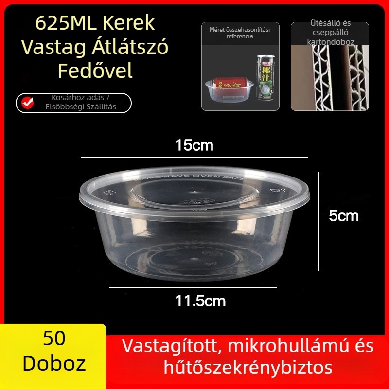 Egyszer használatos, vastagított műanyag ebédes doboz fedővel, téglalap alakú tartály és kör alakú tál elvitelre