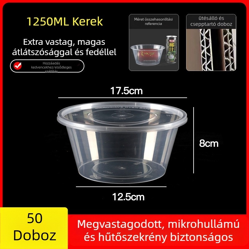 Egyszer használatos, vastagított műanyag ebédes doboz fedővel, téglalap alakú tartály és kör alakú tál elvitelre