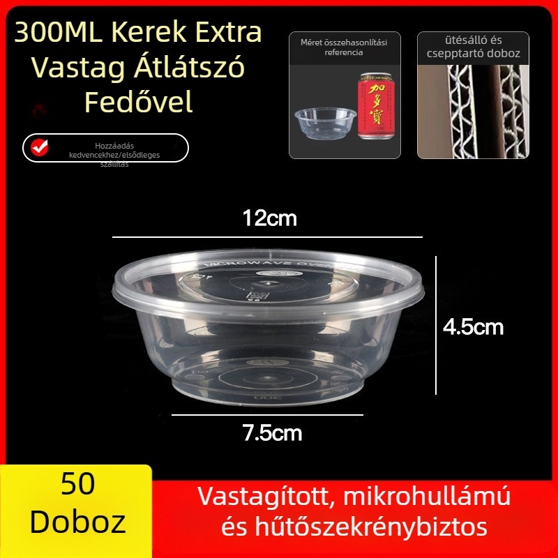 Egyszer használatos, vastagított műanyag ebédes doboz fedővel, téglalap alakú tartály és kör alakú tál elvitelre