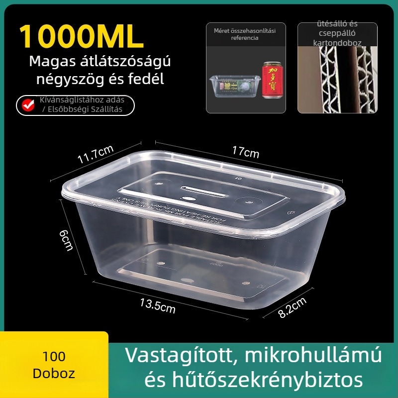 Egyszer használatos, vastagított műanyag ebédes doboz fedővel, téglalap alakú tartály és kör alakú tál elvitelre