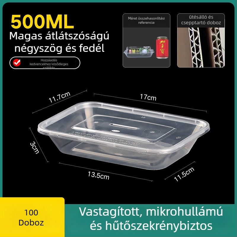 Egyszer használatos, vastagított műanyag ebédes doboz fedővel, téglalap alakú tartály és kör alakú tál elvitelre