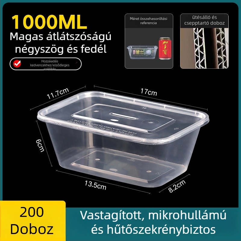 Egyszer használatos, vastagított műanyag ebédes doboz fedővel, téglalap alakú tartály és kör alakú tál elvitelre
