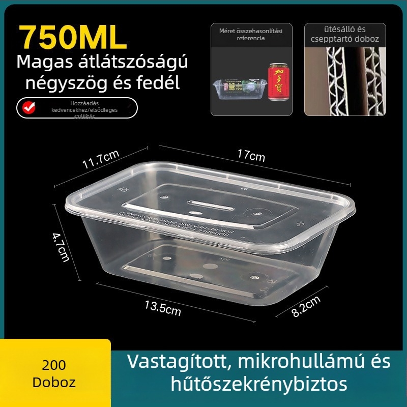 Egyszer használatos, vastagított műanyag ebédes doboz fedővel, téglalap alakú tartály és kör alakú tál elvitelre