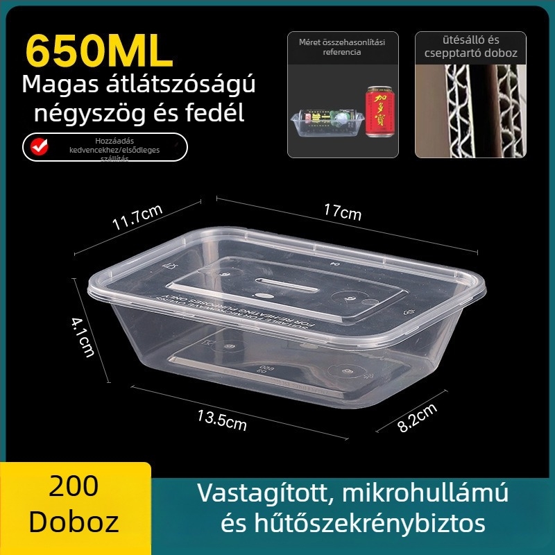 Egyszer használatos, vastagított műanyag ebédes doboz fedővel, téglalap alakú tartály és kör alakú tál elvitelre