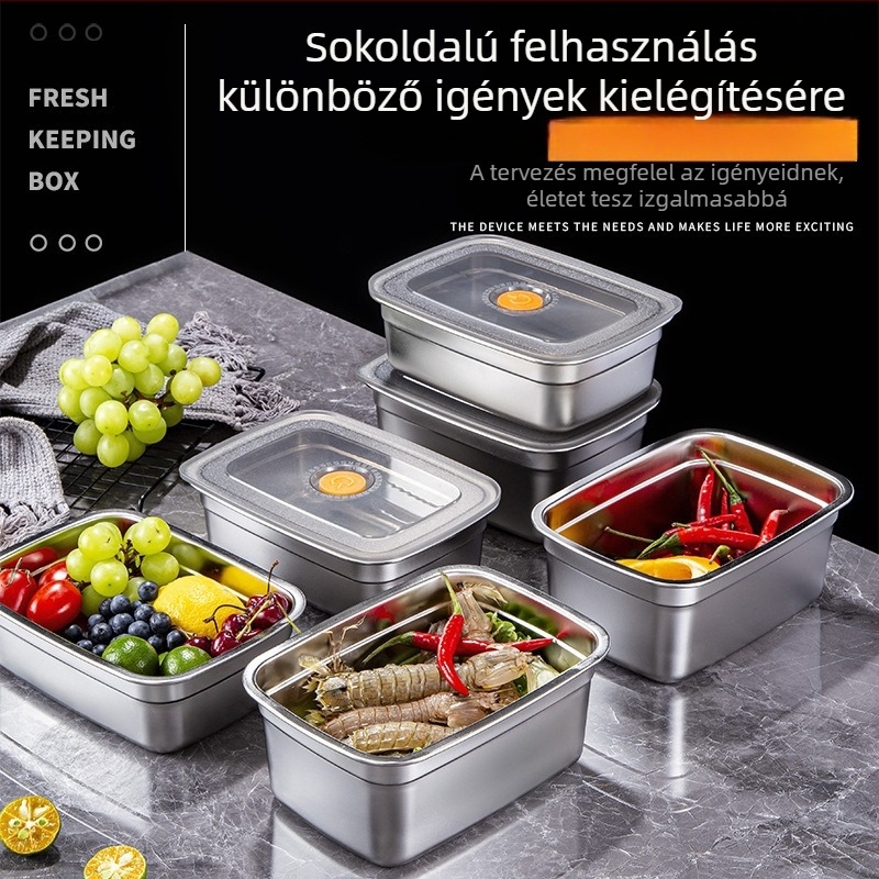 Rozsdamentes acél vákuumzáras tárolóedény, téglalap alakú, hűtő/fagyasztóhoz, kapacitás 1–2 L