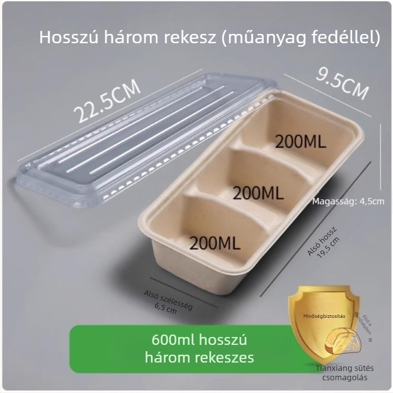 Háromrekeszes desszertes doboz piknikhez joghurt, gyümölcs és sütemény számára — mikrohullámú sütő: Nem; logónyomtatás: Elérhető; testreszabás: Nem; Biológiailag lebomló: Nem