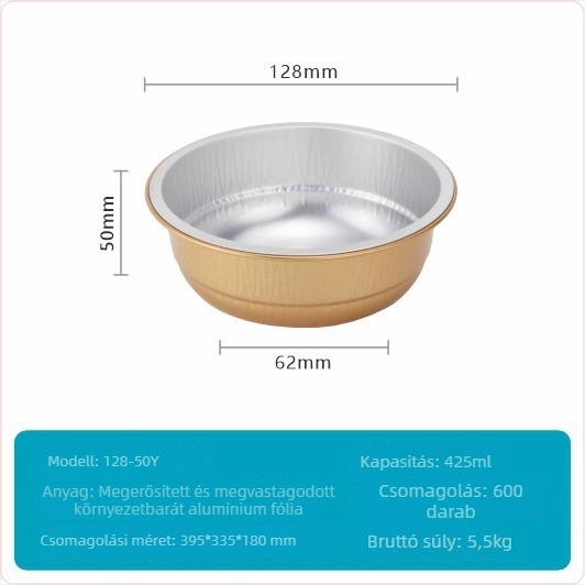 Egyszer használatos ebédes doboz alumíniumfóliából — kerek alak; 0,11 mm vastagság; 425 ml kapacitás; anyag: alumíniumfólia; márka: Guobang (0,11 mm; 425 ml; alumíniumfólia; kerek forma; Guobang)