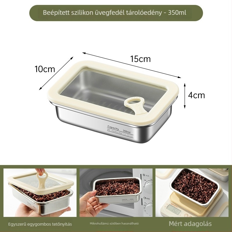 304 rozsdamentes acélból készült ebédes doboz, téglalap alakú, zárható, mikróban használható, kapacitás 301–500 ml és 501–800 ml