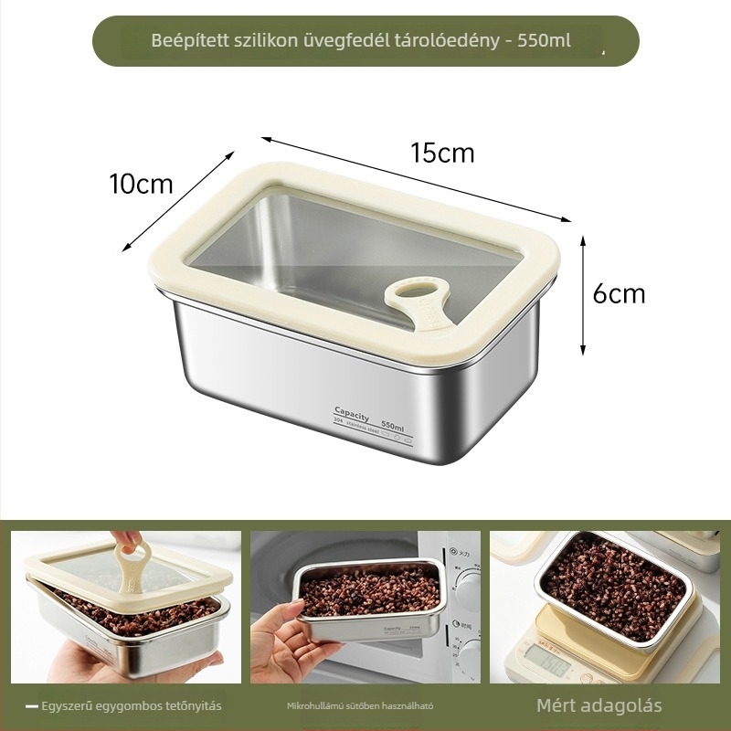 304 rozsdamentes acélból készült ebédes doboz, téglalap alakú, zárható, mikróban használható, kapacitás 301–500 ml és 501–800 ml