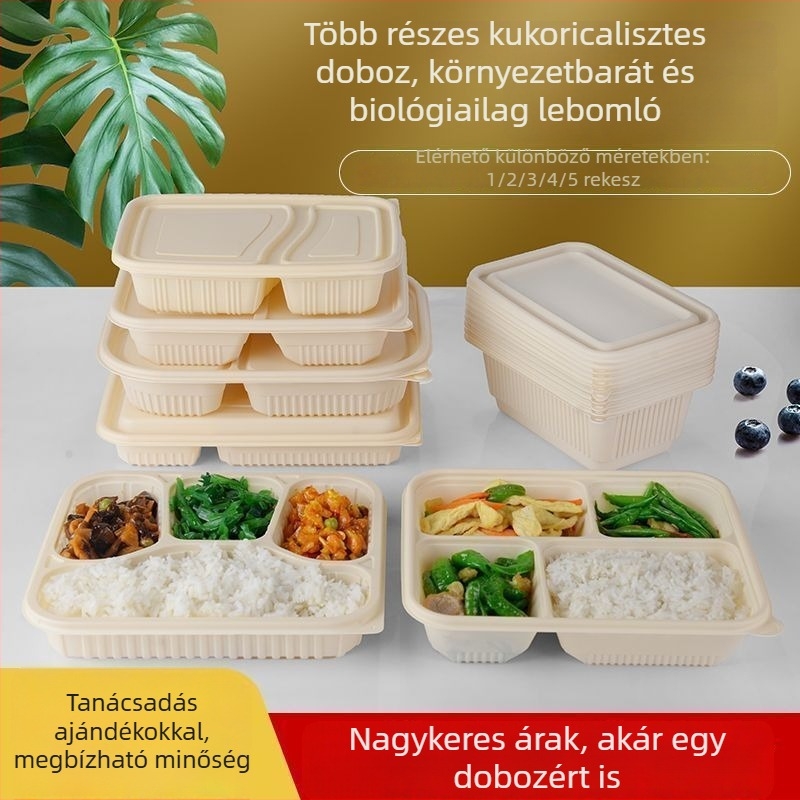 Biodegradábilis kukoricasztiára alapú ebédes doboz, 2–4 rekesz, kör-négyzetes formájú