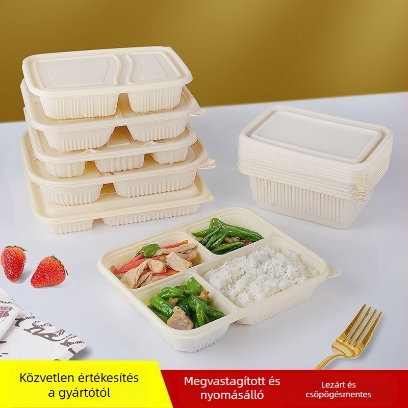 Biodegradábilis kukoricasztiára alapú ebédes doboz, 2–4 rekesz, kör-négyzetes formájú