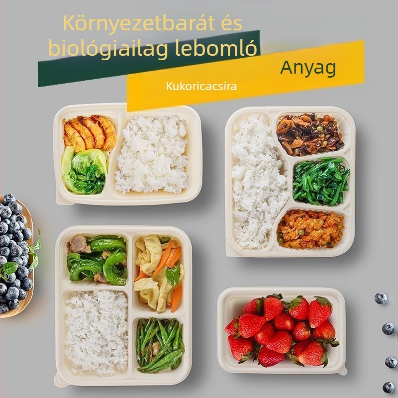 Biodegradábilis kukoricasztiára alapú ebédes doboz, 2–4 rekesz, kör-négyzetes formájú