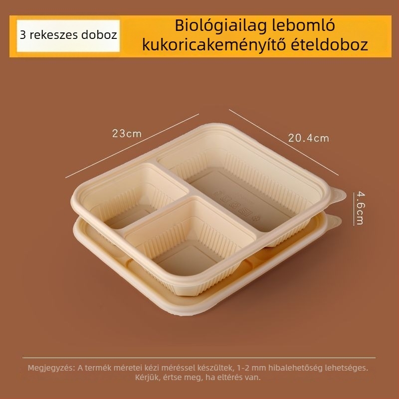 Biodegradábilis kukoricasztiára alapú ebédes doboz, 2–4 rekesz, kör-négyzetes formájú